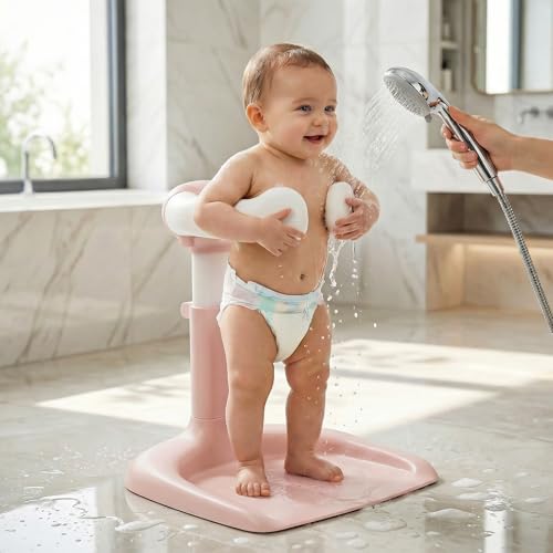 Image of BAYBEE Babyflo Shower Bath Stand for Baby for 0 - 3 Years for Kids | Baby Standing Bath Stand with Adjustable Height & Width | Foldable Kids Bathstand with Shower Holder & Anti-Slip Base (Pink)