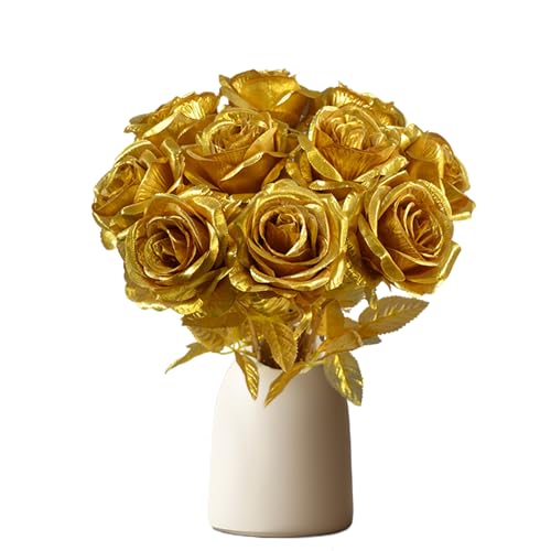 Mtbricey 10 Piezas Rosas Artificiales 52cm Realistas de Tallo Largo Plantas de Flores Falsas Ramo de Novia de Seda Decoración de Centros de Mesa Florales para Hogar Oficina Cocina Boda Fiesta (Oro)