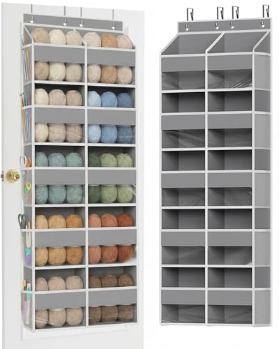 Hanging Yarn Storage Organizer 5 Tiers Large Capacity Yarn Organizer with 10 Compartments and 10 Side Pockets for Crochet Hook Over Door Organizer for Knitting Needles Transparent Yarn Holder Grey