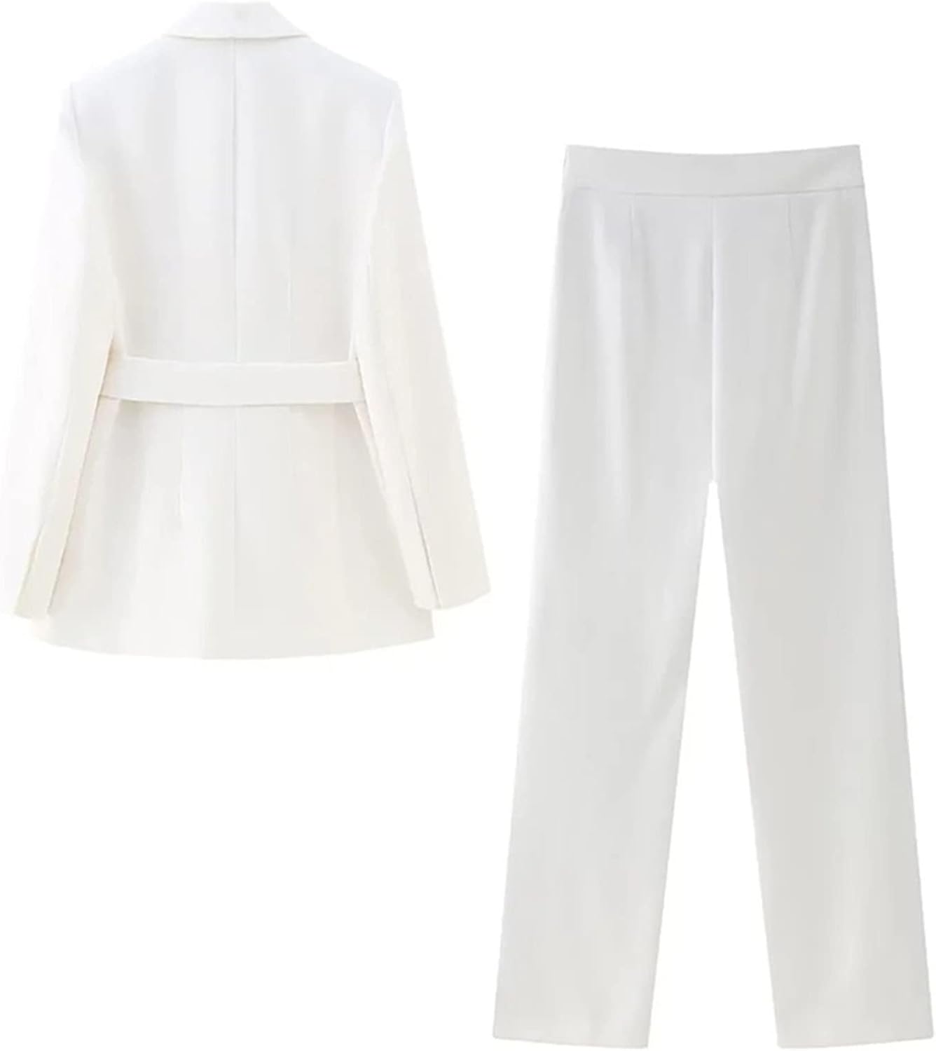 Elegant Women White Suit Long Sleeve Belt Blazer Jacket Business Casual Straight Leg Pants Lace-Up Blazer Set