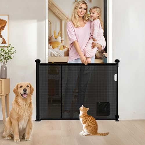 Retractable Baby Gates, Extra Wide with Cat Door, No Drilling Retractable Baby Gates Extends to 140cm Wide and 86cm Tall, Child Gates for Doorways, Indoor, Outdoor, Hallways, Black