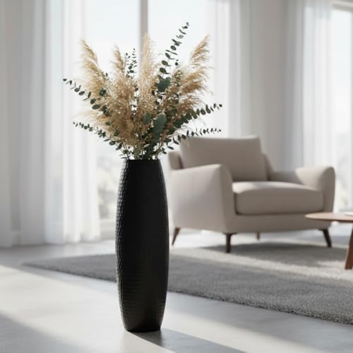 Image of RIZIK STORE Hammered Gold Metal Floor Flower Pot /Vase - 24.2 Inch Tall Round Decorative Vase for Living Room, Modern Minimalist for Dried Flowers, Antique Home Decor Accent (Black)