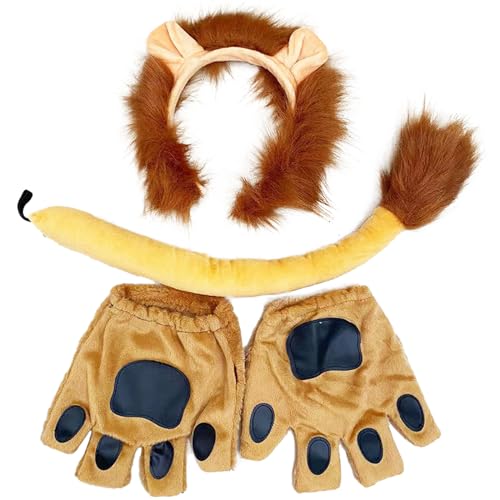 DKDDSSS Kit de 4 peças conjunto de cosplay de leão, disfarce de leão, orelhas de leão Ddiadema luvas cauda kit, disfarce de animais, conjunto de disfarce de animal para carnaval cosplay festa temática