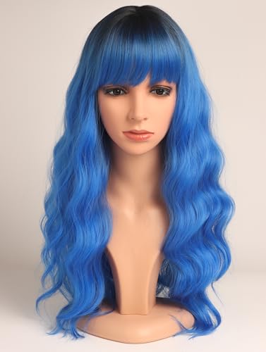 Blue Hair Wavy Wigs With Bangs For Women Synthetic Blue Wigs For Daily Use Everyday Wear.