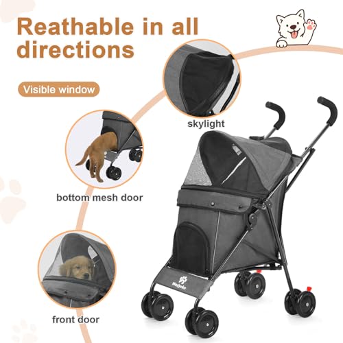 Wedyvko Tragbarer Reisebuggy, Haustier-Buggy für kleine Welpen, Hunde und Katzen, bis zu 15 kg (Dunkelgrau)
