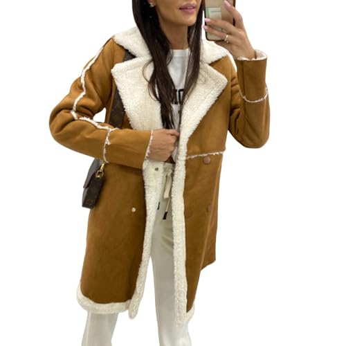 Damen Winterjacke aus Lammfell, modisch, langärmelig, Revers, Patchwork, Knopfleiste, flauschig, warme Mäntel