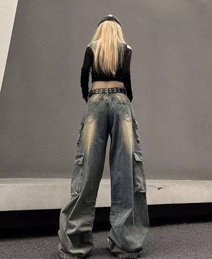 Hopecn Y2K Baggy Cargo Pants for Women Men Low Rise Grunge Jeans Wide Leg Multi Pocket Clothes Goth Hip Hop Loose Streetwear4