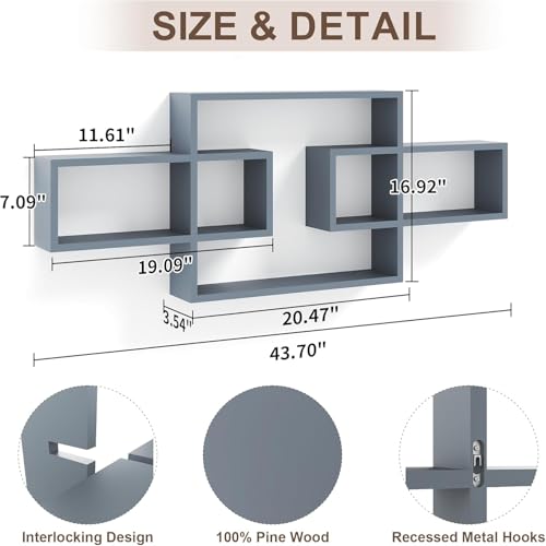 Image of Wooden Wall Shelves for Living Room, Bedroom Wall Mounted Rectangle Bookcase, Intersecting Wall Shelves for Storage Modern Decorative Display Shelves for Wall Decor (Grey)