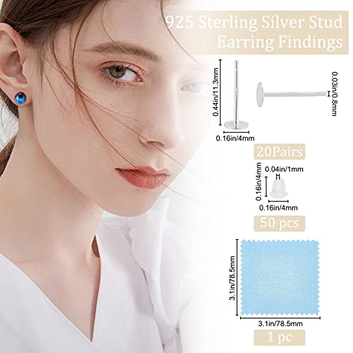 Beebeecraft 1 Box 20Pcs Flat Pad Earring Studs 925 Sterling Silver Cabochon Earring Blanks Bezel Post with 50Pcs Plastic Ear Nuts for DIY Earrings Jewellery Making (Tray: 4mm/0.16in) - Image 2