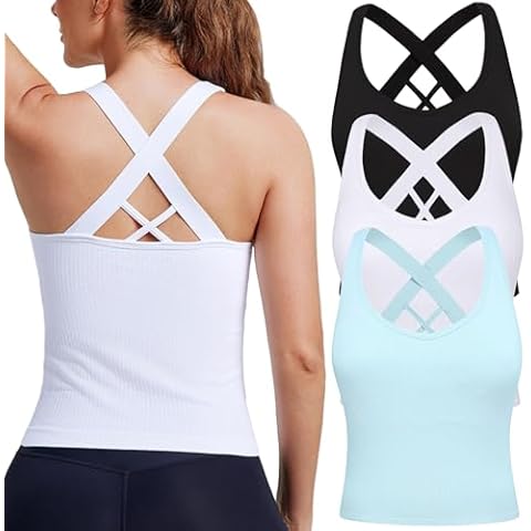 Evercute Workout Yoga Crop Tank Tops for Women 1/2/3 Pack Criss Cross Strappy Tops with Built in Bra Ribbed Seamless Tanks Cover