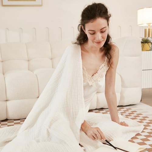 EMME Cotton Throw Blanket for Couch Soft Muslin Blankets 50"x60" Lightweight Breathable Blanket All Season Gauze Blanket, White