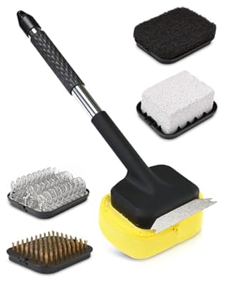 BBQ Grill Cleaning Brush Bristle Free with 5 Replaceable Heads,Steam Grill Brush with Scraper,5-in-1 Grill Cleaner Kit,Stainless Steel Grates/Helix,Pumice Stone Cleaner,Scrubber Pad for Outdoor Grill