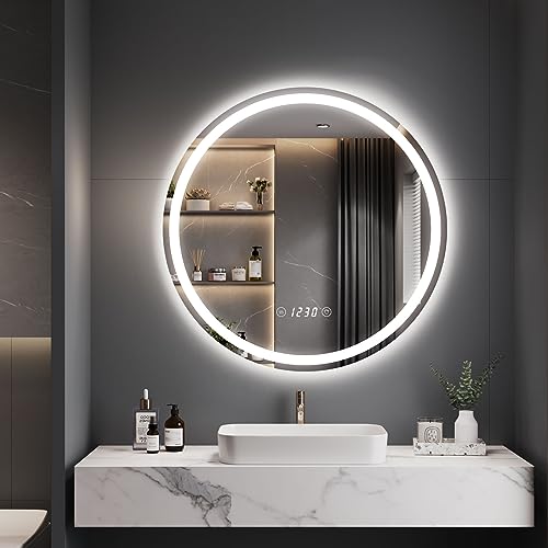 Dripex 500 mm Round Bathroom LED Mirror, Illuminated Wall Mounted Circle LED Bathroom Mirror with Time Display, Anti-fog, 3 Lighting Modes, Dimmable, Front+Backlit, IP44
