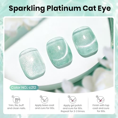 Image of Beetles Green Cat Eye Gel Polish, 15ML Mint Green Cat Eye Glitter Gel Polish with Magnet Soak Off UV Shimmer Velvet Gel Mint Stardust Series French Nail Art Design Manicure Gifts for Women
