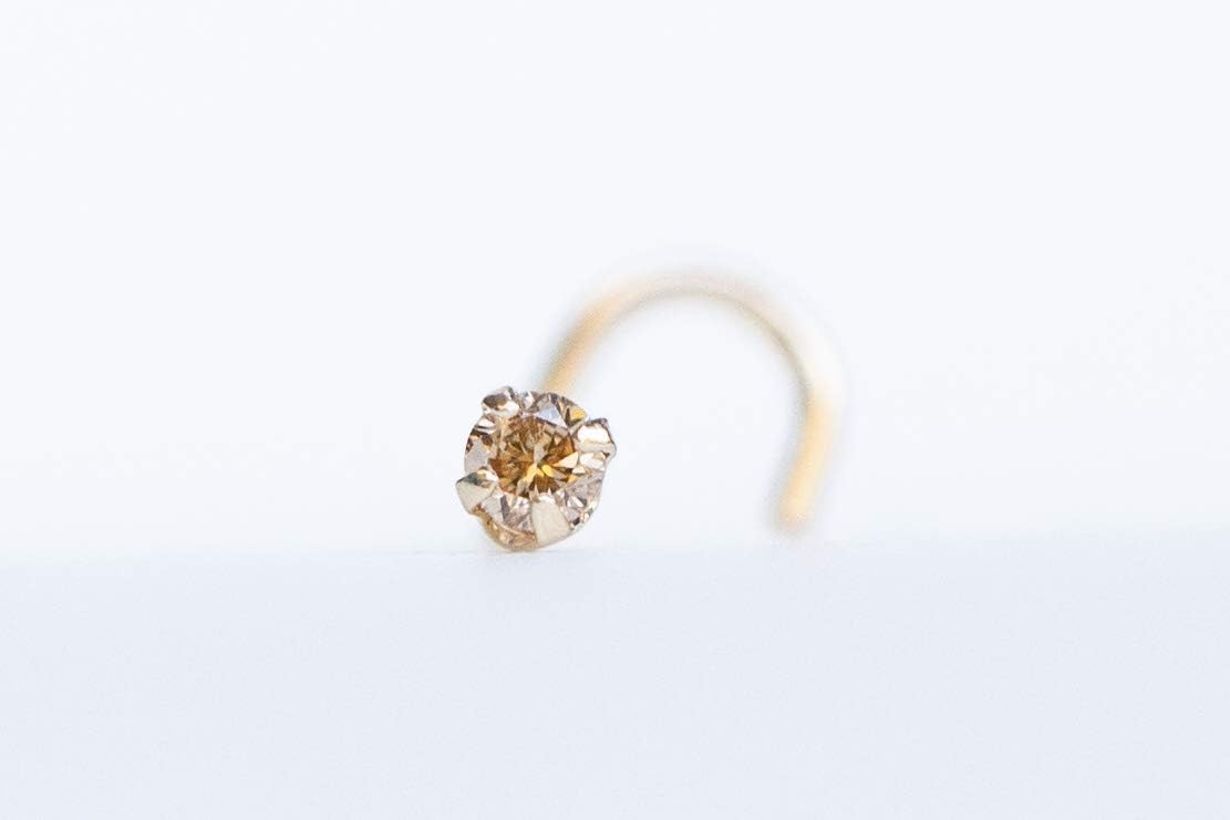 Ellie J Maui14k Real Gold Champagne Diamond Nose Stud – 2mm Diamond Nose Screw for Women – Hypoallergenic 20 Gauge Gold Nose Ring – Small Nose Piercing Jewelry