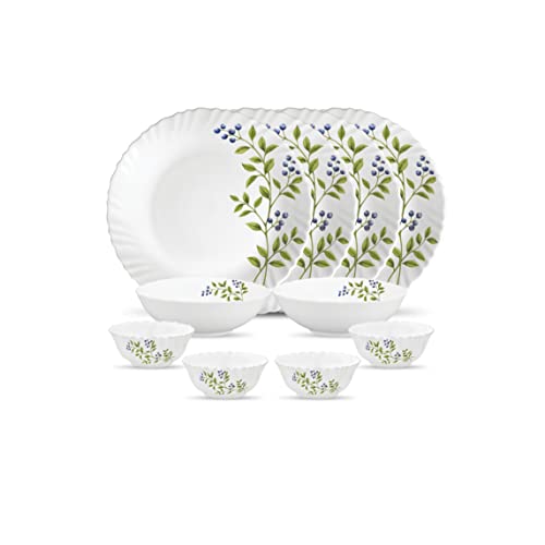 La Opala Novo Collection Opal Glass Crockery | for Family of 4 | Dinner Set 10 pcs Lush Greens | Plates & Bowls for Dining | Microwave Safe | 100% Vegetarian | Extra Strong | Light & White