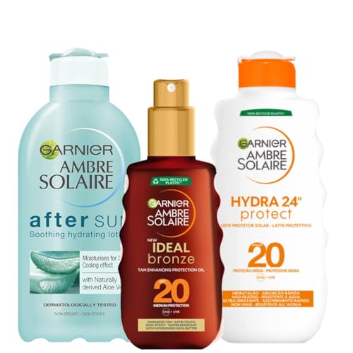 Garnier Ambre Solaire Ideal Bronze Bräunungsöl für den Körper, 150 ml, feuchtigkeitsspendende After Sun mit Aloe Vera, 200 ml und Schutzmilch für den Körper, LSF 20, 200 ml