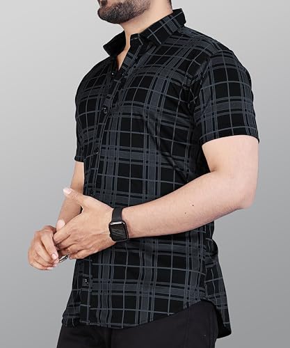Image of LookMark Men's Stylish Lycra Blend Half Sleeve Shirt with Spread Collar - Featuring Trendy Prints for Casual Wear