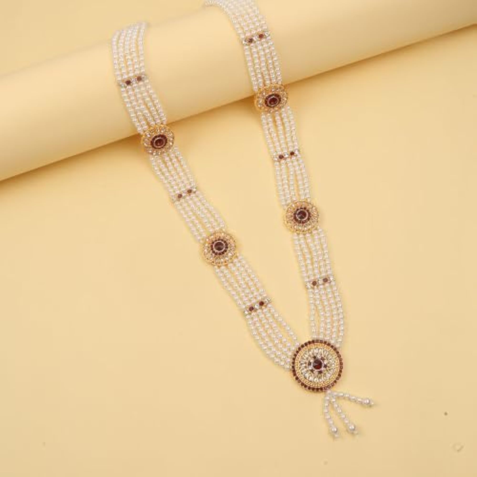 Five Layer Pearl Mala Necklace with Red Stone Floral Motifs