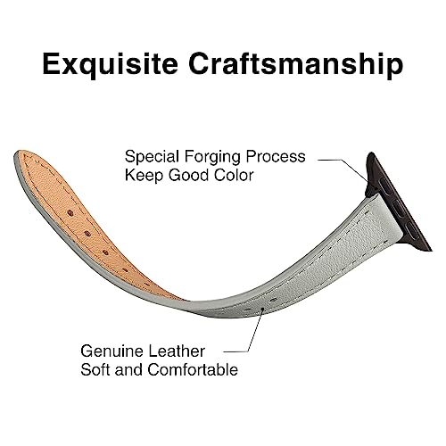 Image of STIROLL Slim Leather Bands Compatible with Apple Watch Band 49mm 46mm 45mm 44mm 42mm(Series 3 2 1), Top Grain Leather Watch Thin Wristband for iWatch Ultra SE Series 11 10 9 8 7 6 5 4(Gray Black)