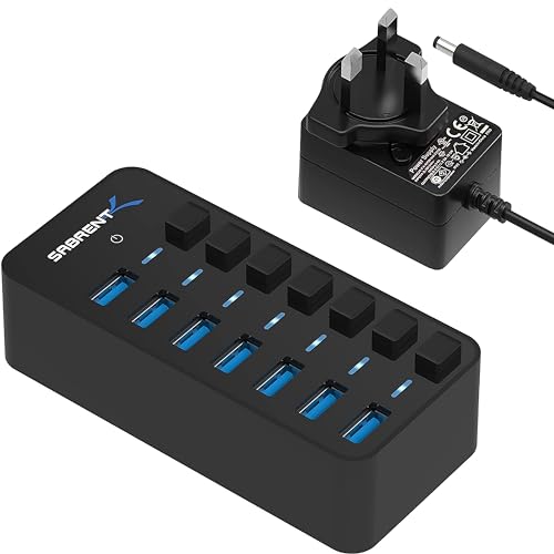 SABRENT USB Hub, 7 Ports 36W, Fast Powered Data Hub, USB Docking Station, Multiport Hubs, LEDs On/Of Switch