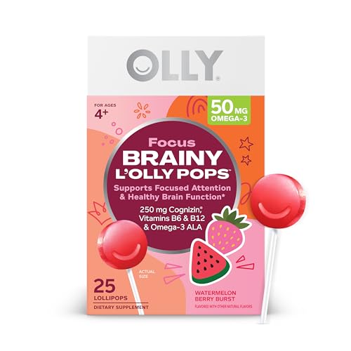 OLLY Focus Buddies LOLLY Pops Cognizin Vitamins B6 and B12 Omega-3 ALA Supports Focused Attention and Healthy Brain Function * Kids 4+ Dietary Supplement Watermelon Strawberry Flavored 25 Count