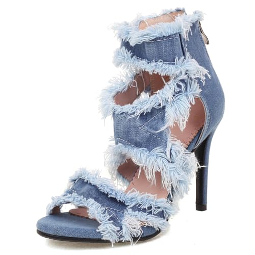 Sandales stiletto en jean effiloché à franges pour femme
