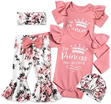 ADIFUN Baby Girl Clothes,4pcs Newborn Girl Outfits Ruffle Romper Baby Bell Bottoms Headband Bandana Clothing Sets Gifts