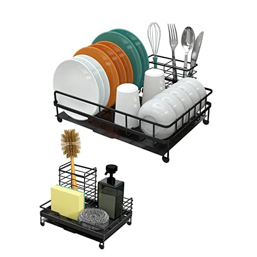 LKKL Dish Racks for Kitchen Counter- Rustproof Kitchen Dish Drying Rack with Drainboard,2 in 1 Small Dish Rack Drainer Set with Sponge Holder,Saving Space Dish Drainers for Kitchen Counter,Black