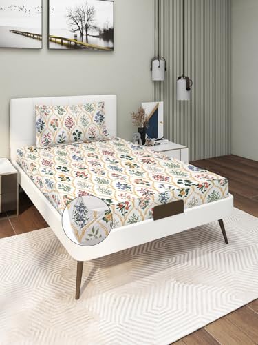 Image of Blue Strip 220TC Glace Cotton Elastic Fitted Bedsheets Single Bed with 1 Pillow Cover | Single Bed with All Around Elastic, Size 42 inch x 75 inch Inches