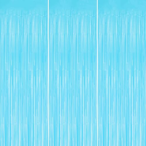 Image of DECOCKRAT 3 Pack Foil Fringe Backdrop - Pastel Blue Shiny Tinsel Curtains for Party Decoration /Photo Booth Props - 3.3x8.2 FT Metallic Foil Backdrop for Birthday, Wedding, Graduation, Christmas.