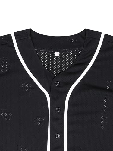 Camiseta de béisbol para hombre, uniforme deportivo de manga corta con botones, estilo hipster hip hop (Negro con ribete blanco - S) miniatura 3