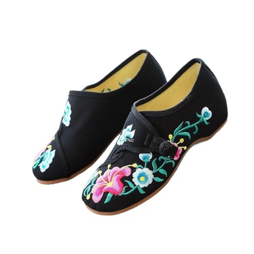 Ballerines brodées femme en toile de coton denim noir confortable