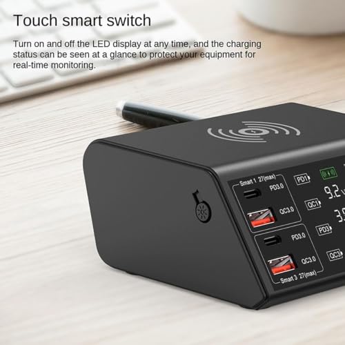 Image of 100W USB Charger Desktop 8-Port Charging Station Hub with Quick Charge 18W QC 3.0 USB Ports, with 27W PD Fast Charger Ports and LCD Display Wireless Charging Station for 1Phone 1Pad Galaxy (838W 100W)
