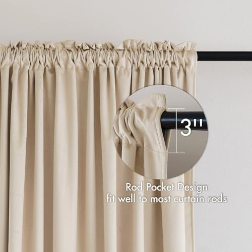 Image of MIULEE Beige Blackout Velvet Curtains Drapes 96 Inch Long 52 inchx96 inch Bedroom | Luxurious Bedroom Living Room Decor, Room Darkening, Thermal Insulated, Rod Pocket Design, Super Soft Fabric