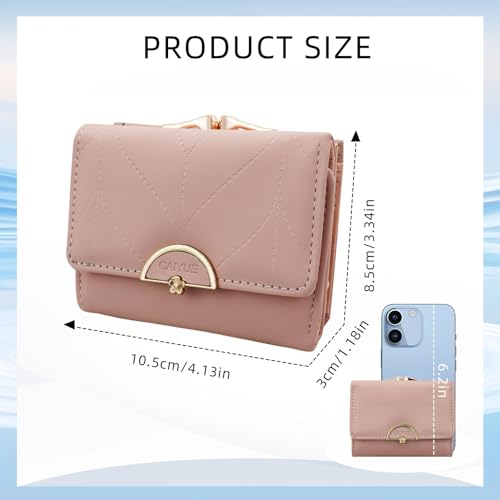 FuninCrea Small Wallets Woman, Faux Leather Trifold Ladies Wallet Kiss Lock Coin Purse for Women with 5 Card Slots and Metal Snap Closure (Blue)2