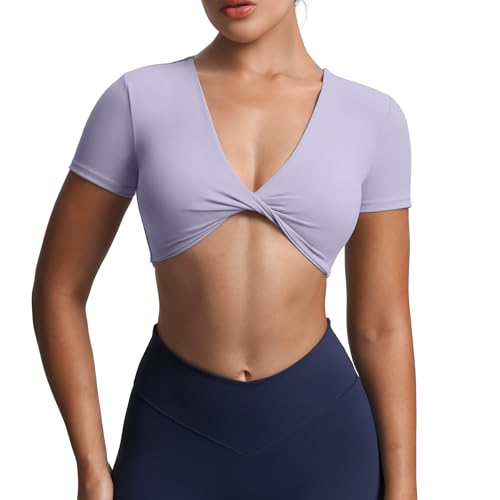 Image of Aoxjox Short Sleeve Crop Tops for Women Sienna Twist Deep V Workout Cropped T Shirt Top (Purple Heather, Small)