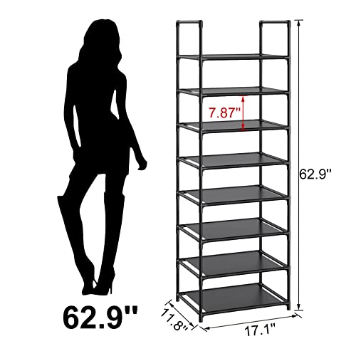 VTRIN Narrow Shoe Rack Organizer 8 Tiers 16 Pairs Tall Shoe Rack Storage Shelf Stand Tower,Narrow Free Standing Sturdy Stackable Shoe Rack for Entryway,Non-woven and Metal Vertical Shoe Rack