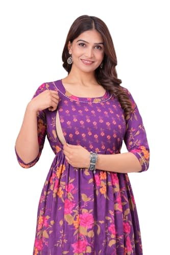 Image of The Moon Star Women's Cotton Floral Printed Anarkali Maternity Feeding Kurti | Breastfeeding Dress for Mothers | Zipper Feeding Kurti,Nursing Kurti, Comfortable and Trendy Maternity Wear