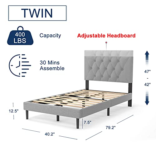 Molblly Twin Size Platform Bed Frame With Adjustable Headboard, Linen Fabric Wrap, Strong Frame And Wooden Slats Support, No Box Spring Needed, Non-Slip And Noise-Free, Easy Assembly, Light Grey #TOP1