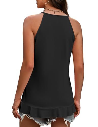JUSTFASHIONNOW Summer Sleeveless Tank Tops for Women Trendy Casual Camisole Tops Spaghetti Strap Tank Flowy Ruffle Hem Loose Fit Holiday Vacation Outfits (Black,Small) — view 6