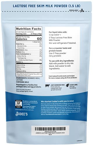 Judee’s Lactose Free Skim Milk Powder 1.5 Lb (24 Oz) - 100% Non-Gmo And Rbst Hormone-Free - Low Carb - Gluten-Free And Nut-Free - Made From Real Dairy - Great For Reconstituting And Baking #TOP1