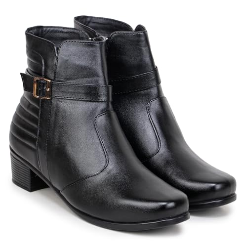 Image of TRASE Stylish Boots for Woman | Synthetic Leather Trendy Winter Shoes with Buckle Strap & Zipper | Comfortable & Lightweight Ladies Footwear