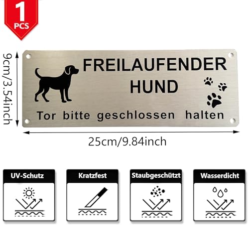 1 Stück Warnschild Hund Achtung Freilaufend, Aluminium mit Selbstklebend & Vorgebohrten Löchern, 25x9cm, Innen/Außen geeignet