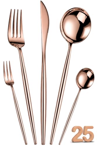 Image of Slim Handle Rose Gold 25 Pcs Stainless Steel Cutlery Set for Dining Table, Dishwasher Safe Glossy Flatware (5 Spoon Set+5 Forks Set+5 Butter Knife+5 Dessert Spoon+5 Fruit Fork)