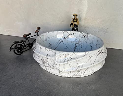 Image of Designer Glossy Finish Ceramic Art Table Top Wash Basin For Bathroom | Collapsible Countertop Washbasin (Black White Glossy Art, 16 x 13 x 6 Inch)