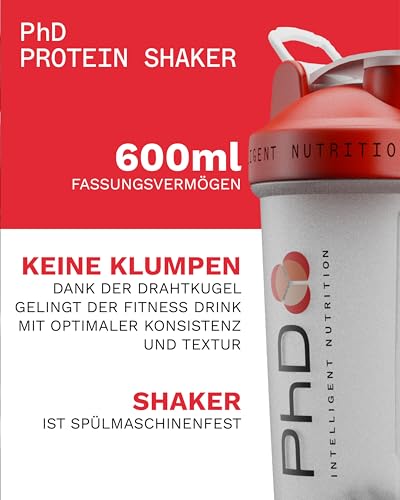 PhD Nutrition Protein Shaker mit Kugel 600ml - BPA frei, Spülmaschinenfester, tropffester Eiweiß Shaker mit Schraubverschluss, Ideal für klumpenfreie Protein Shakes