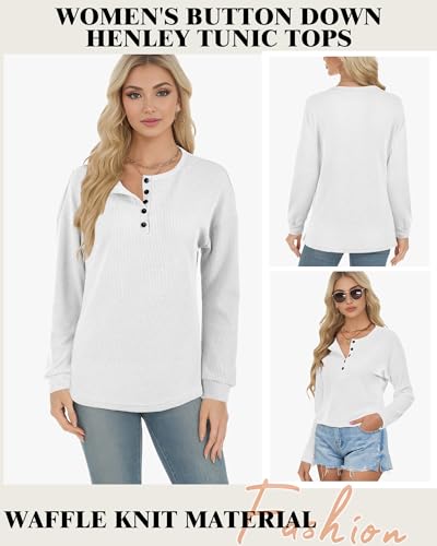 Image of AURUZA Long Sleeve Shirts for Women Henley Shirts Waffle Knit Tops Casual Loose V Neck Tunic Tops Fall Outfits Waffle TShirt