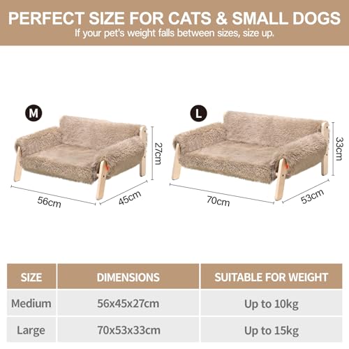 MEWOOFUN Erhöhtes Katzenbett Sofa aus Holz, 56x45cm robust großes Katzensofa – modischer Katzenstuhl mit abnehmbarem Matratzenbezug Belastbar mit 10 kg (Braun, 70x53cm)