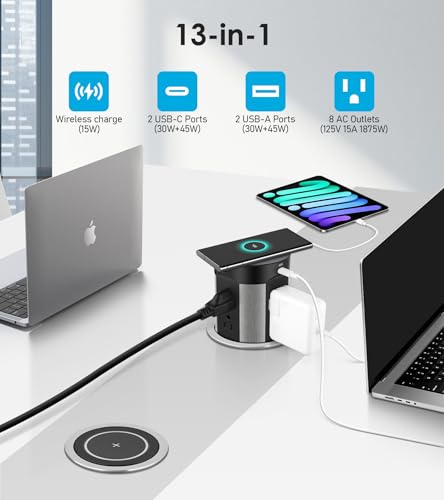 Regleta emergente para encimera, PD45W 4 USB/8 tomas/cargador inalámbrico miniatura 2
